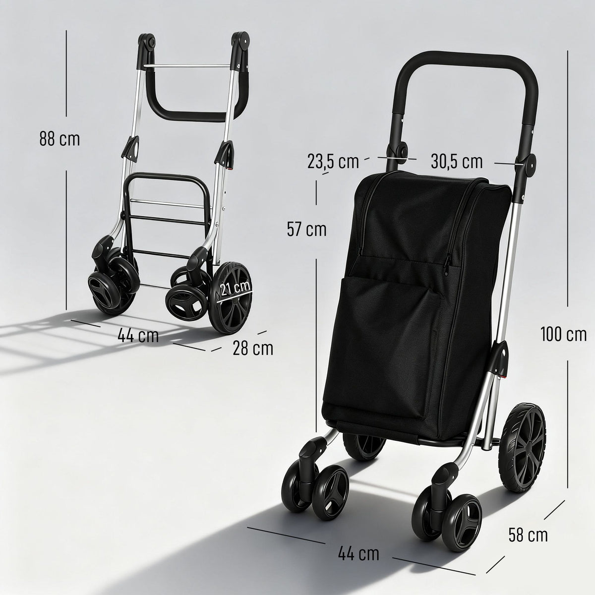 Foldable Shopping Trolley, 46L Bag with Cooler, Black