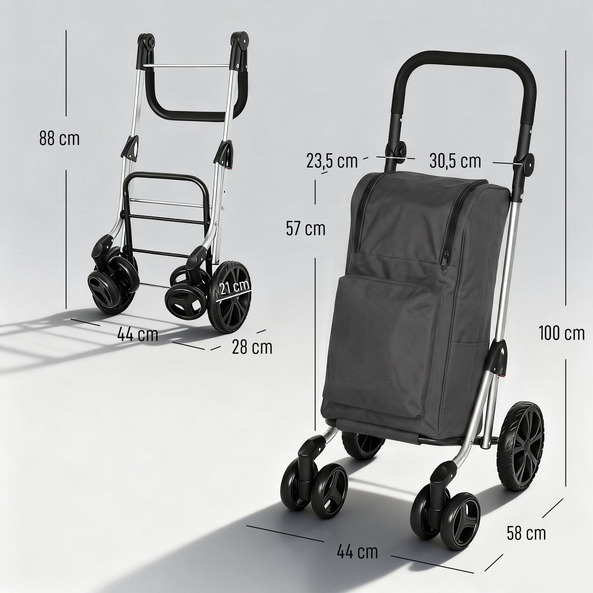 Foldable Shopping Trolley with Cooler Bag, 46L, Dark Grey