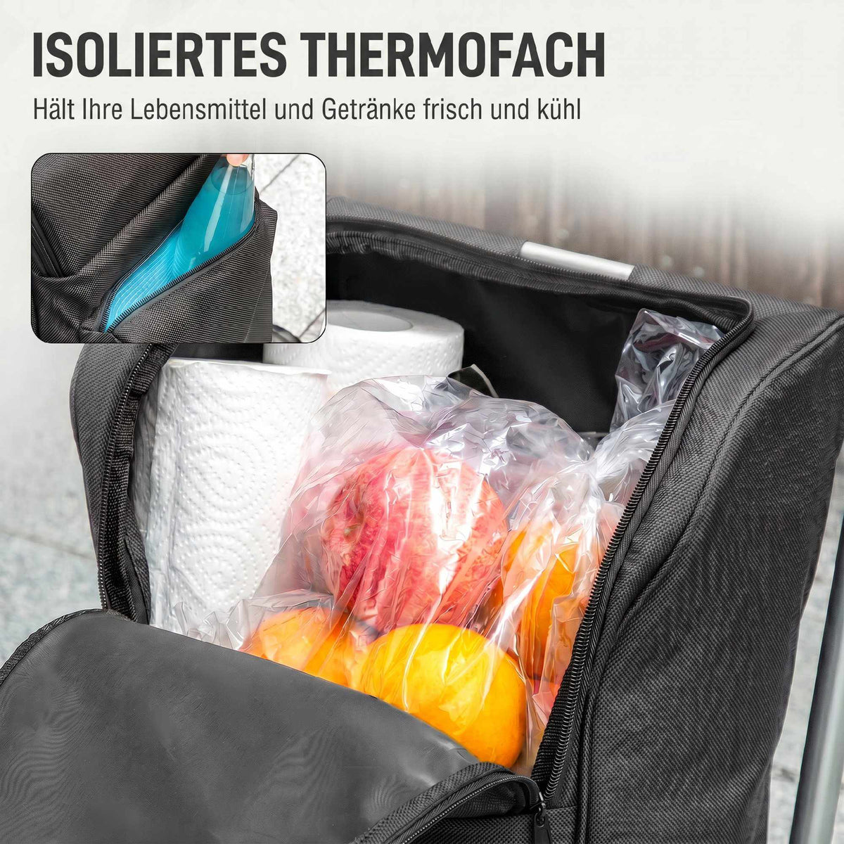 Foldable Shopping Trolley with Cooler Bag, 46L, Dark Grey