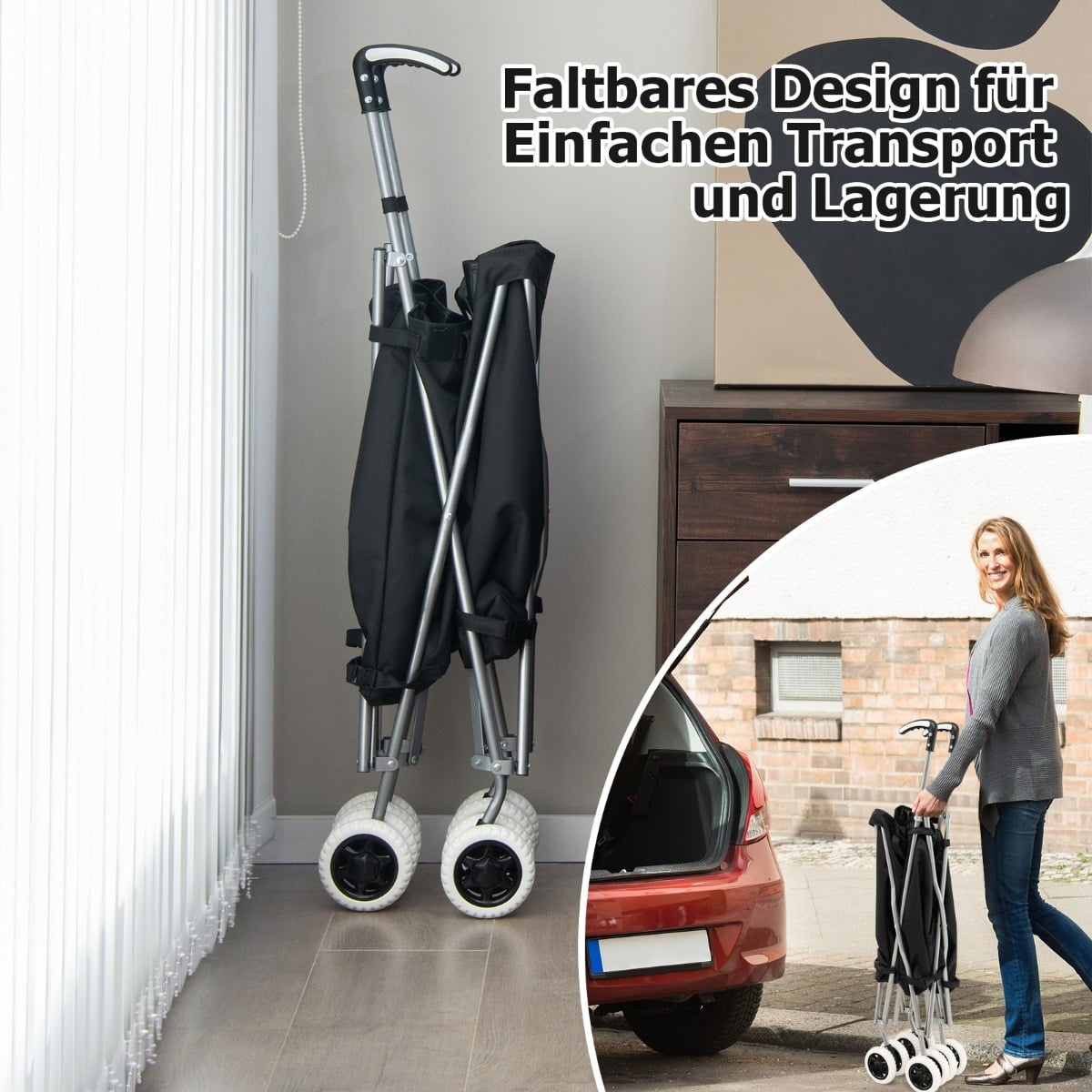 Foldable Shopping Trolley with Wheels, 90L Capacity, Black