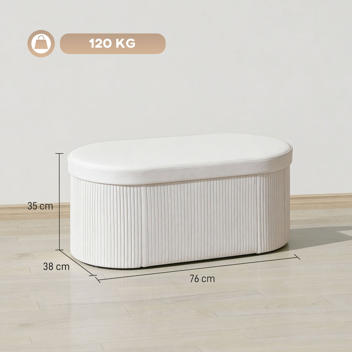 Foldable Storage Bench with Velvet Look, Cream, 76x38x35 cm