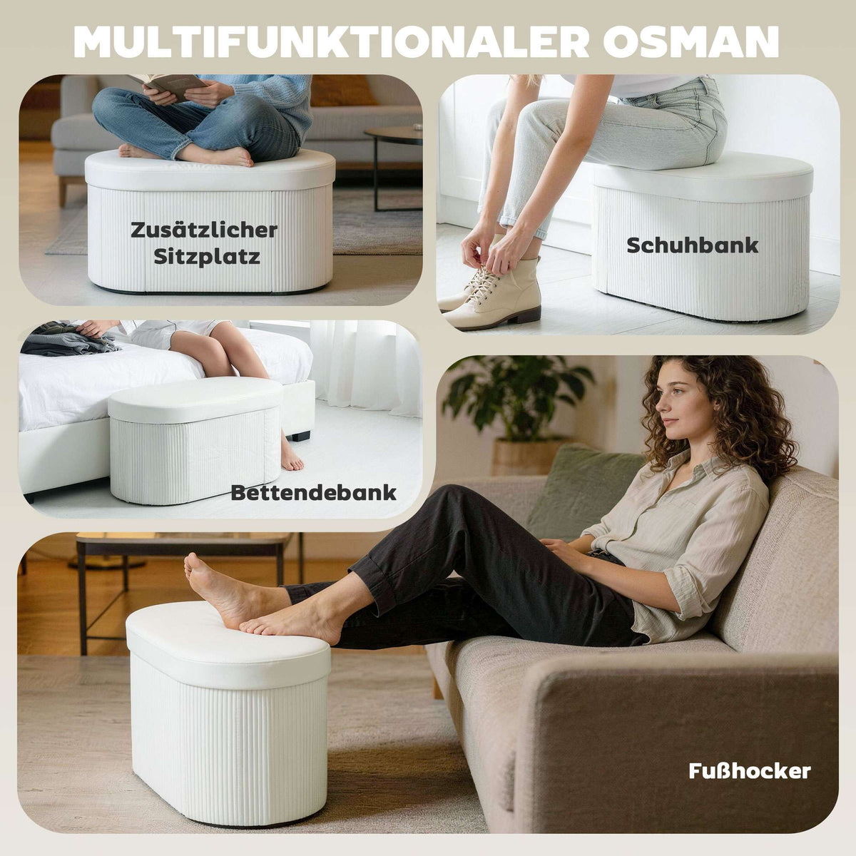 Foldable Storage Bench with Velvet Look, Cream, 76x38x35 cm
