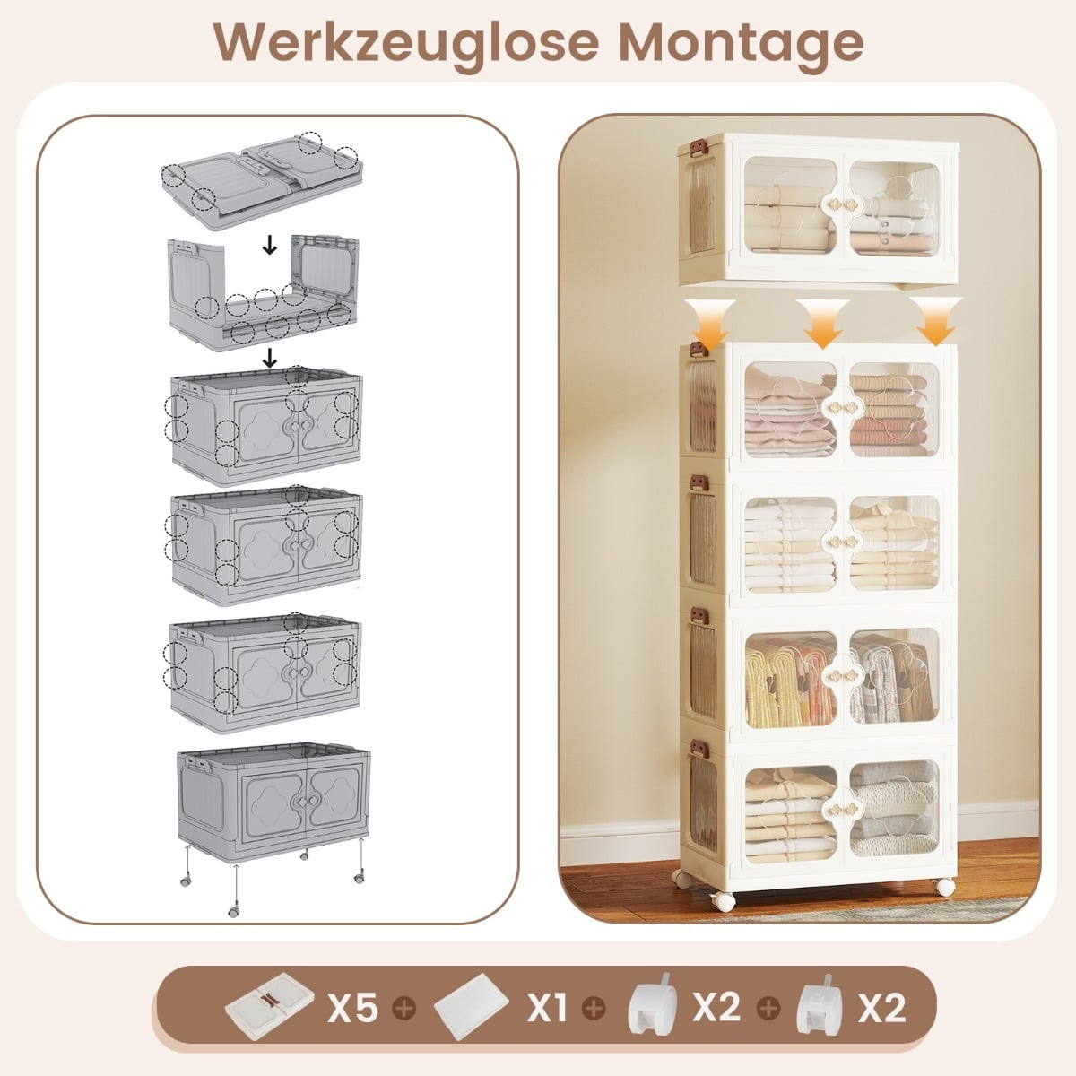 Foldable Storage Box with Lid, Wheels, 265L Capacity