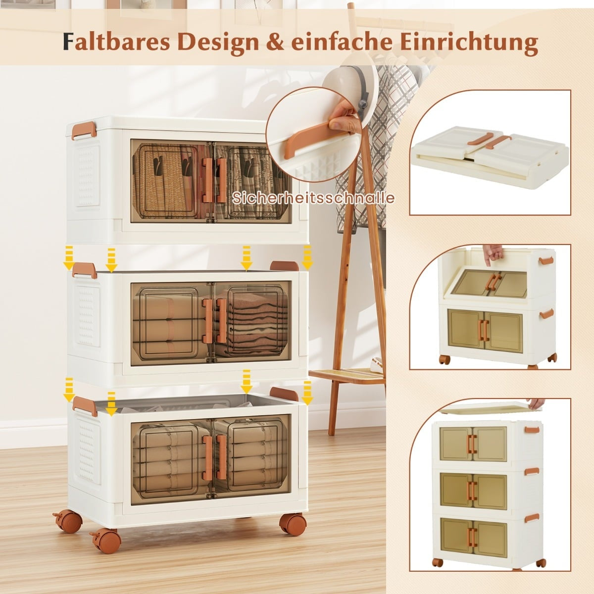 Foldable Storage Box with Wheels, Transparent Doors, 57L
