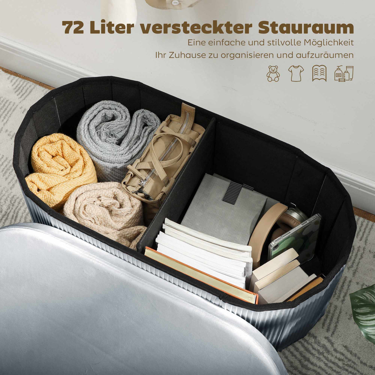 Foldable Storage Ottoman Bench, Dark Grey Velvet, 76x38x35 cm