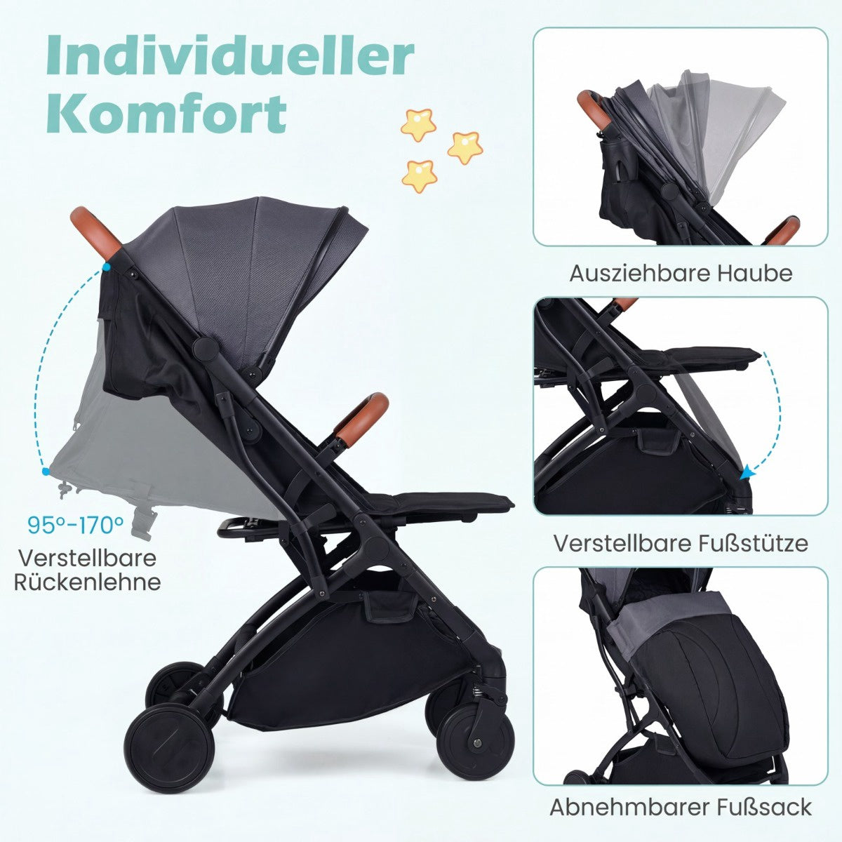 Foldable Stroller with Rain Cover, Adjustable Recline & Footrest, Grey