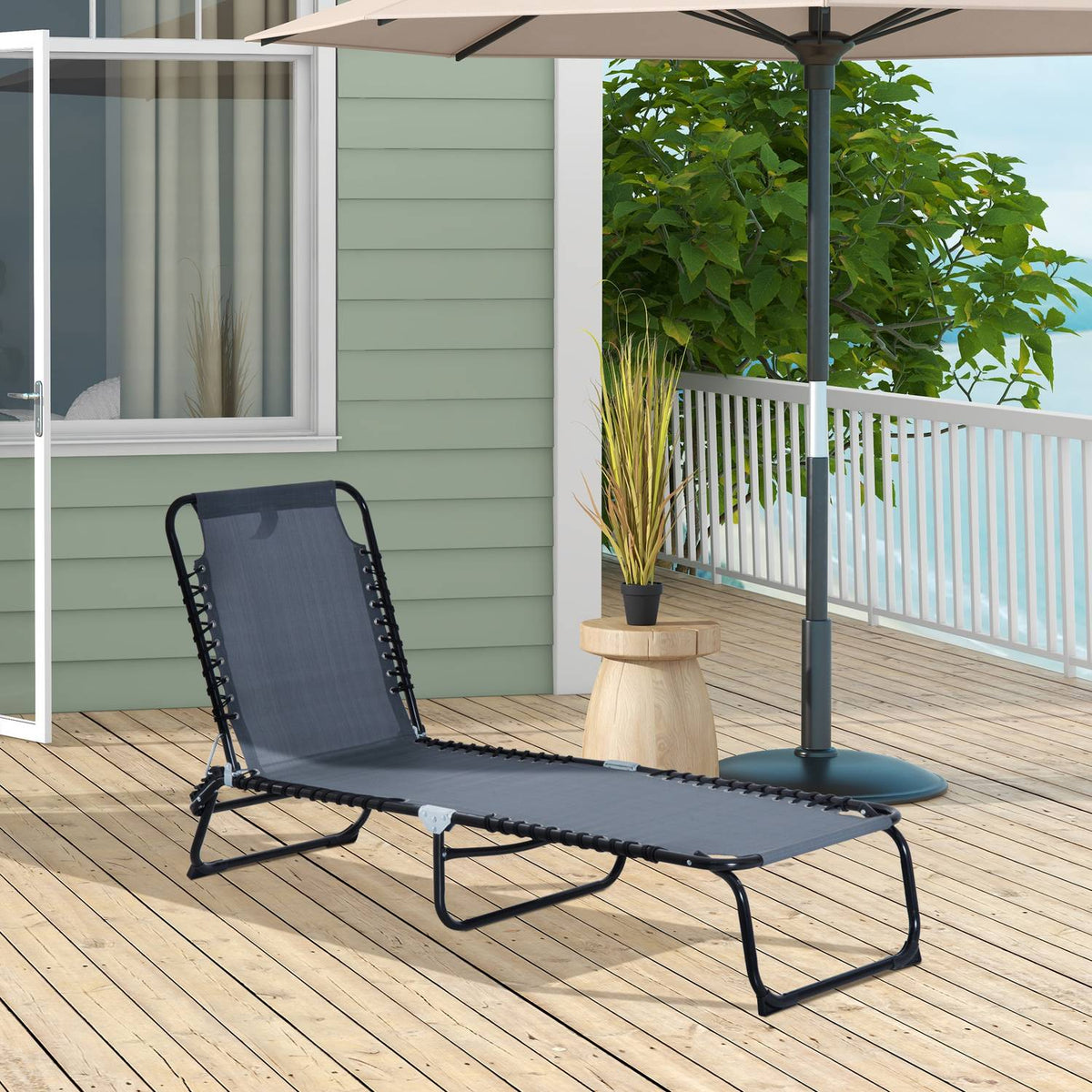 Foldable Sun Lounger Garden Lounger Folding Lounger With 4-Level Adjustable Backrest, Steel Mesh Fabric, Dark Gray, 197X58X76Cm