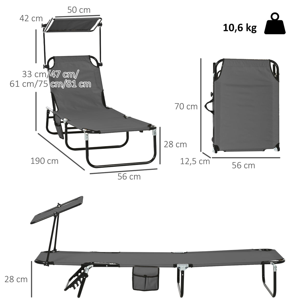 Foldable Sun Lounger Set with Canopy, 5-Position Backrest