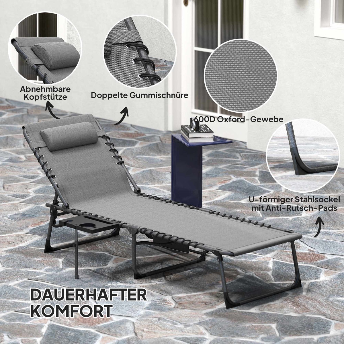 Foldable Sun Lounger with Adjustable Backrest & Pillow