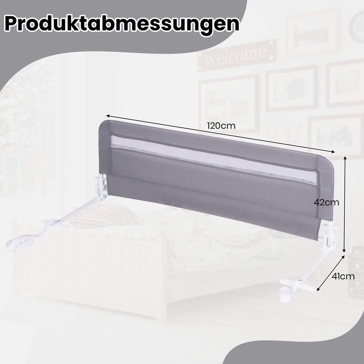 Foldable Toddler Bed Rail, 120 cm, Gray, Washable Cover