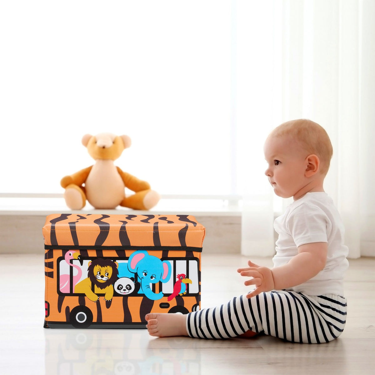 Foldable Toy Storage Box with Lid and Seat