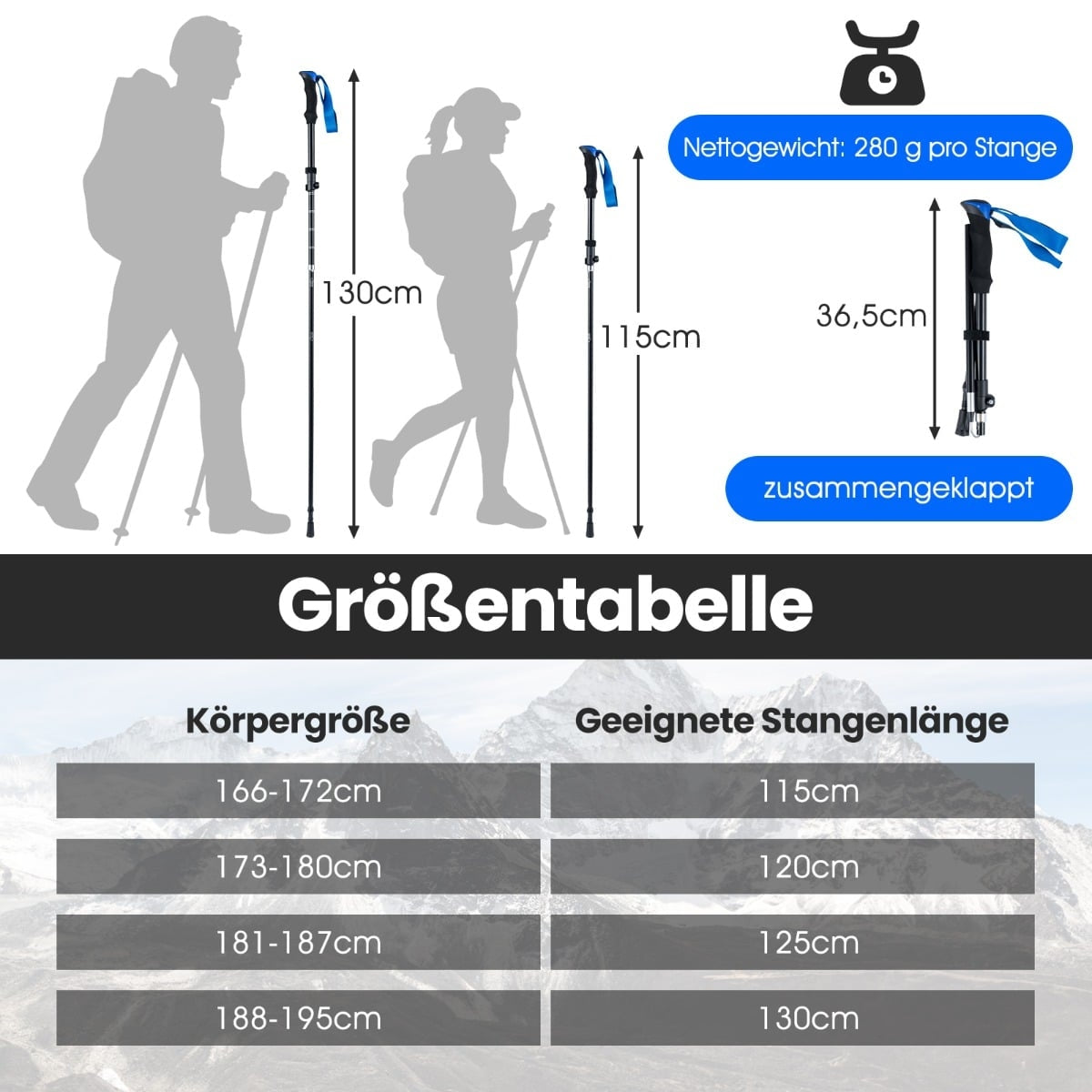 Foldable Trekking Poles, Quick Lock, 115-130 cm, Blue