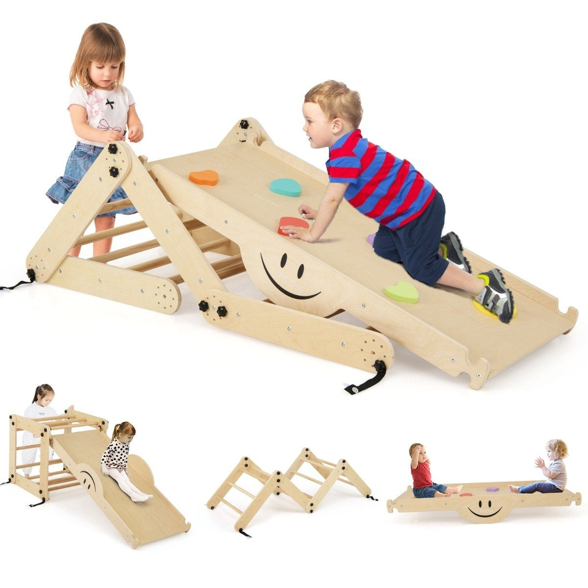 Foldable Wooden Climber Toys with Adjustable & Reversible Ramp Montessori Climbing Set Natural