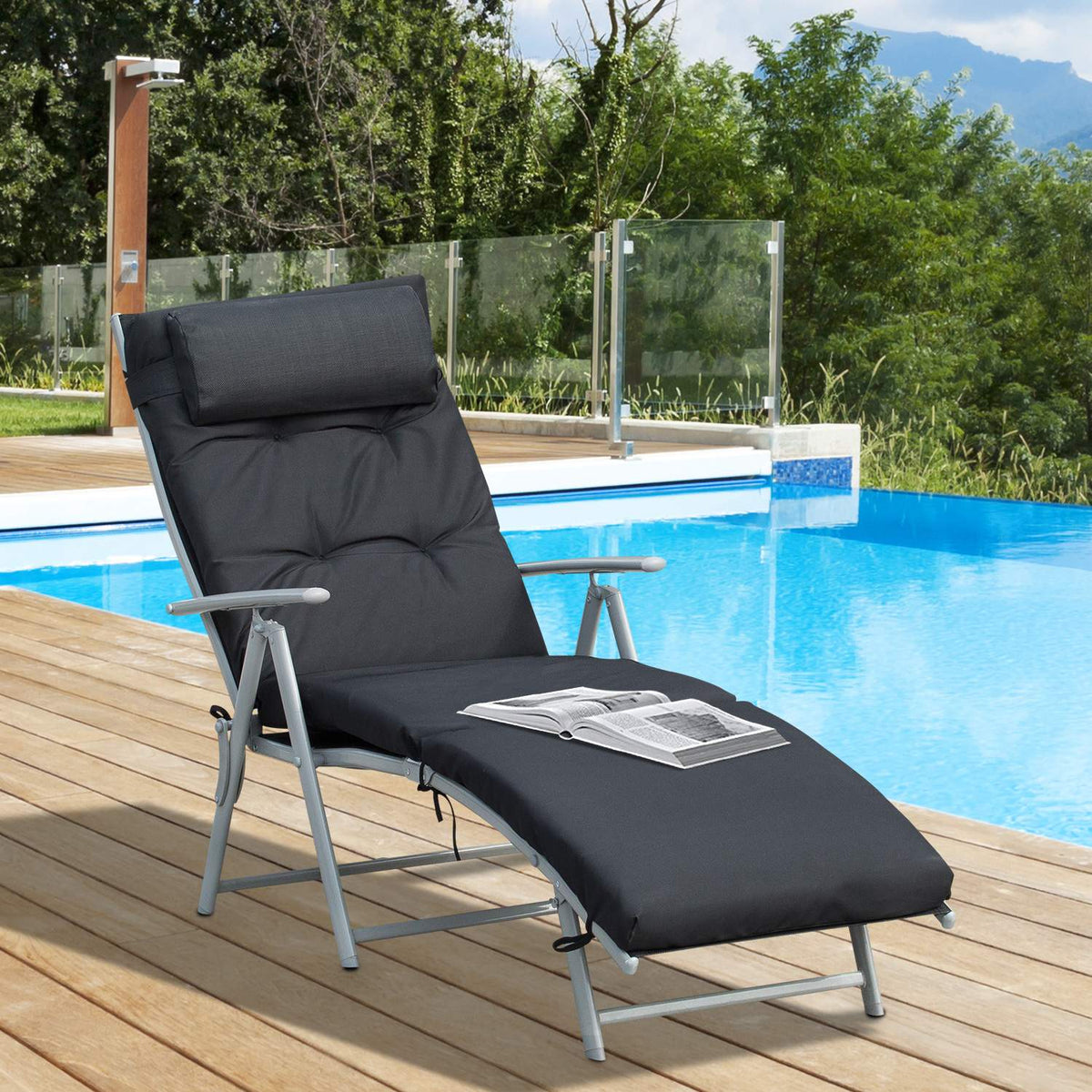 Foldable beach lounger, 7 levels adjustable, weatherproof, with cushion, textline, polyester, metal, 137 x 63.5 x 100.5 cm, blackAoso