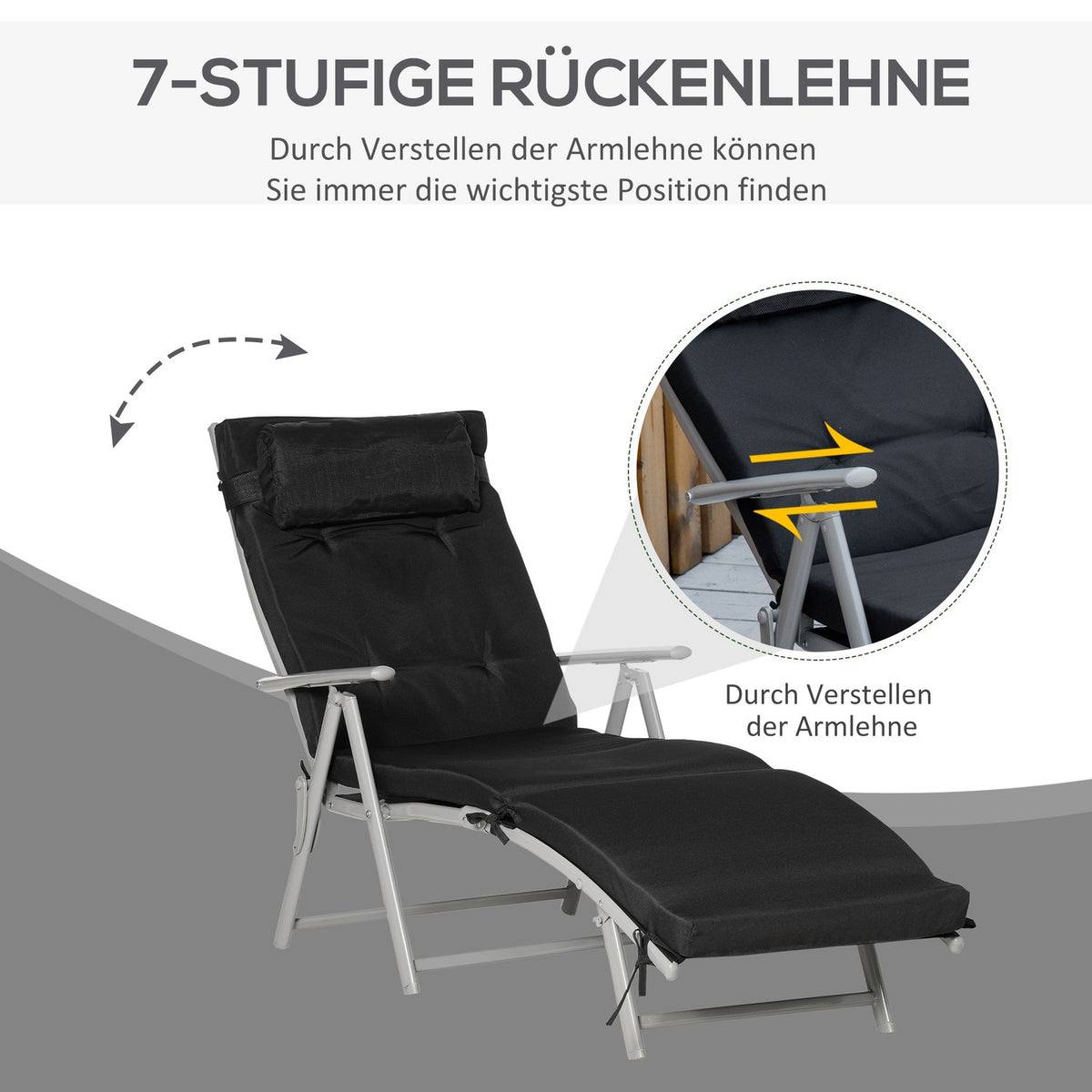 Foldable beach lounger, 7 levels adjustable, weatherproof, with cushion, textline, polyester, metal, 137 x 63.5 x 100.5 cm, blackAoso