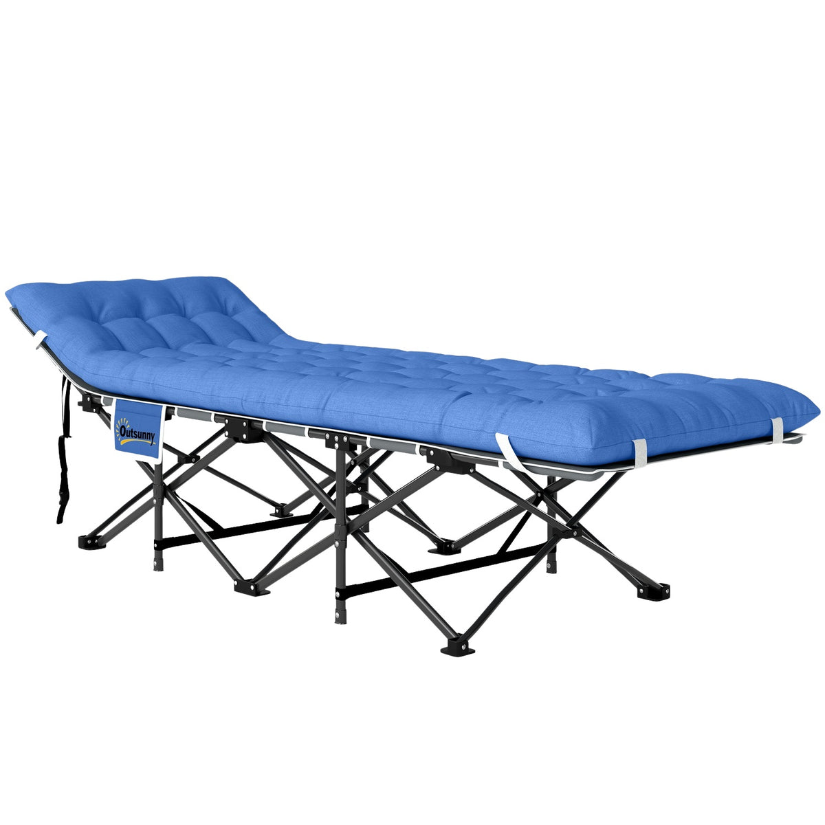 Foldable camp bed, camping bed with mattress, pillow, side pocket, 190 x 65 x 37 cm, camping lounger for adults, guest bed up to 150 kg, folding bed for outdoor, garden, camping, travel, dark blue