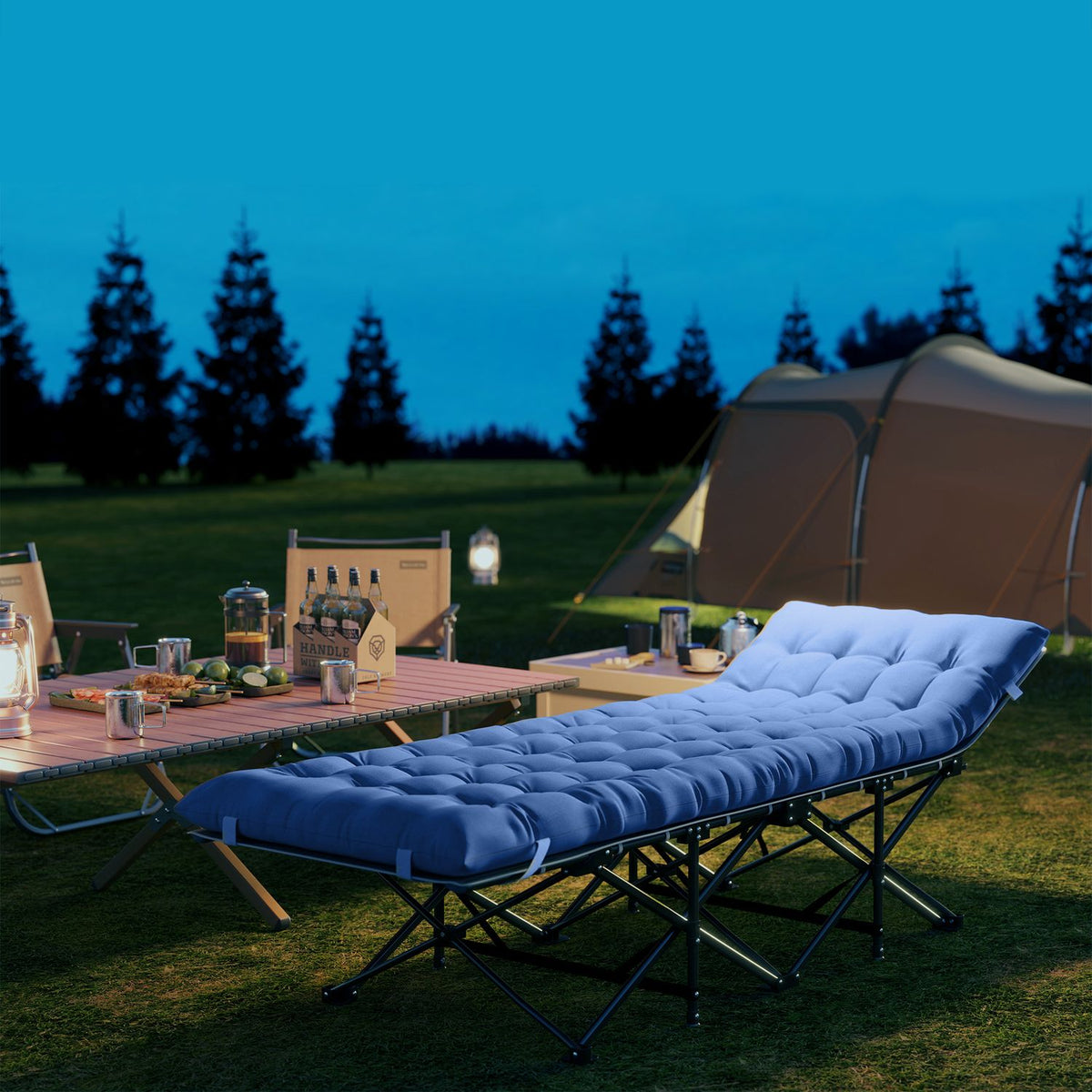 Foldable camp bed, camping bed with mattress, pillow, side pocket, 190 x 65 x 37 cm, camping lounger for adults, guest bed up to 150 kg, folding bed for outdoor, garden, camping, travel, dark blue