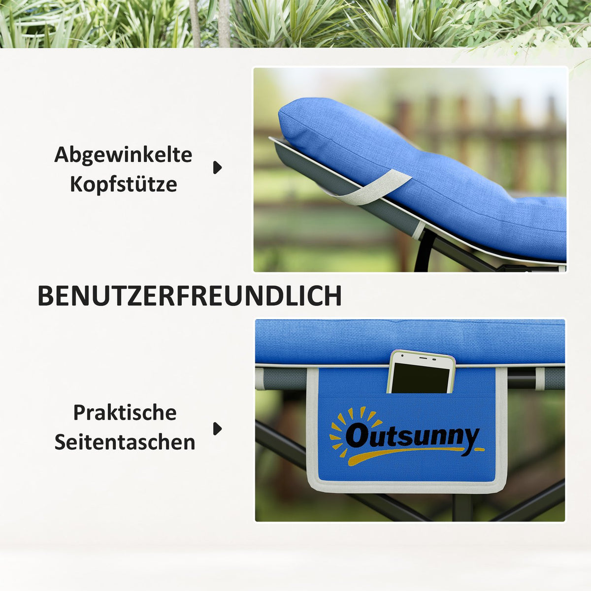 Foldable camp bed, camping bed with mattress, pillow, side pocket, 190 x 65 x 37 cm, camping lounger for adults, guest bed up to 150 kg, folding bed for outdoor, garden, camping, travel, dark blue