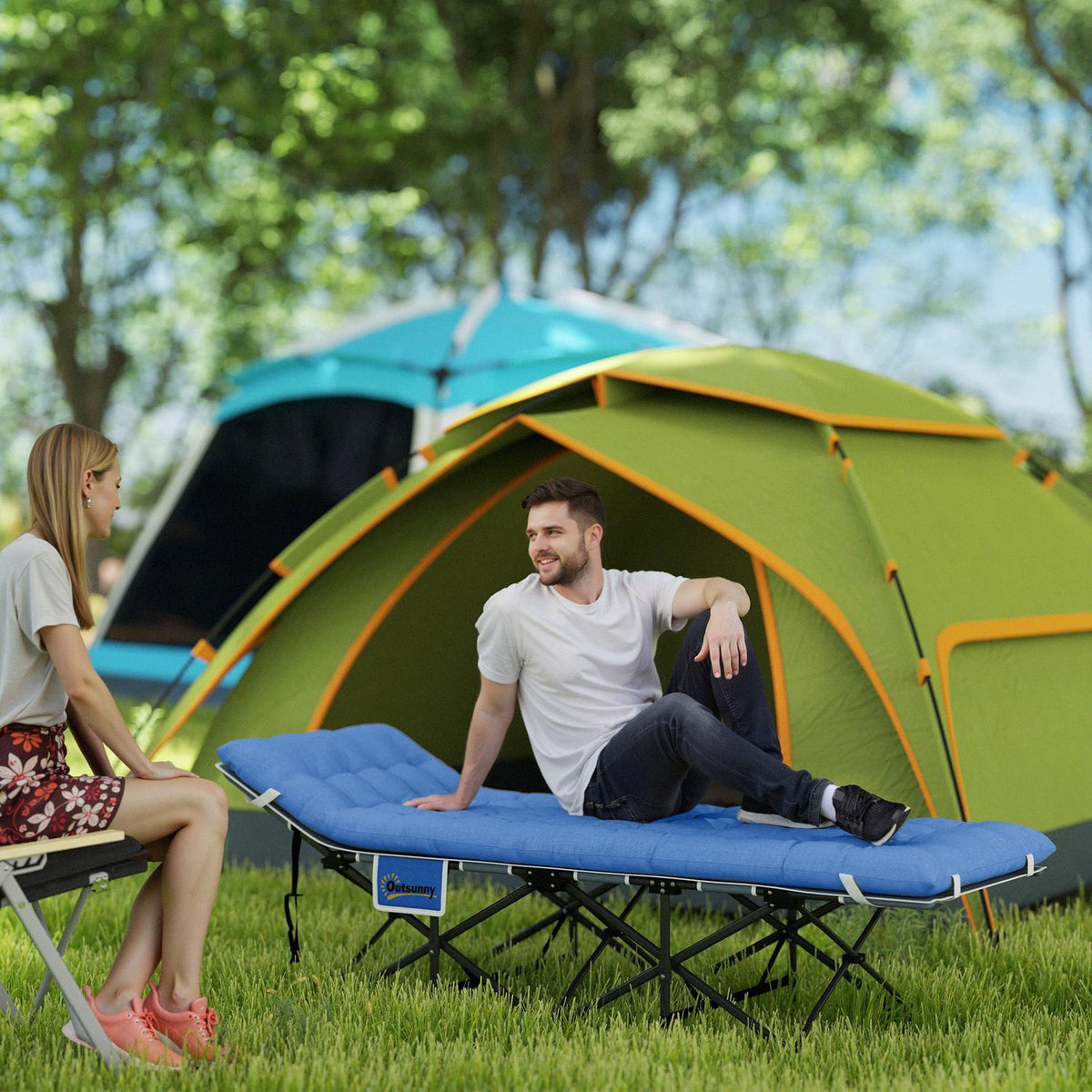 Foldable camp bed, camping bed with mattress, pillow, side pocket, 190 x 65 x 37 cm, camping lounger for adults, guest bed up to 150 kg, folding bed for outdoor, garden, camping, travel, dark blue