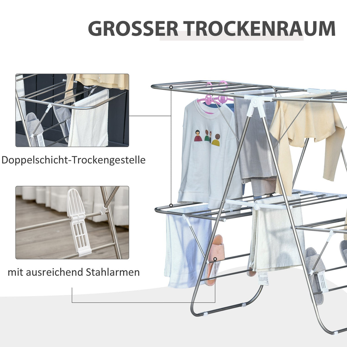 Foldable clothes airer 3 levels wing dryer stainless steel plastic silver/white 138x60.5x112cm