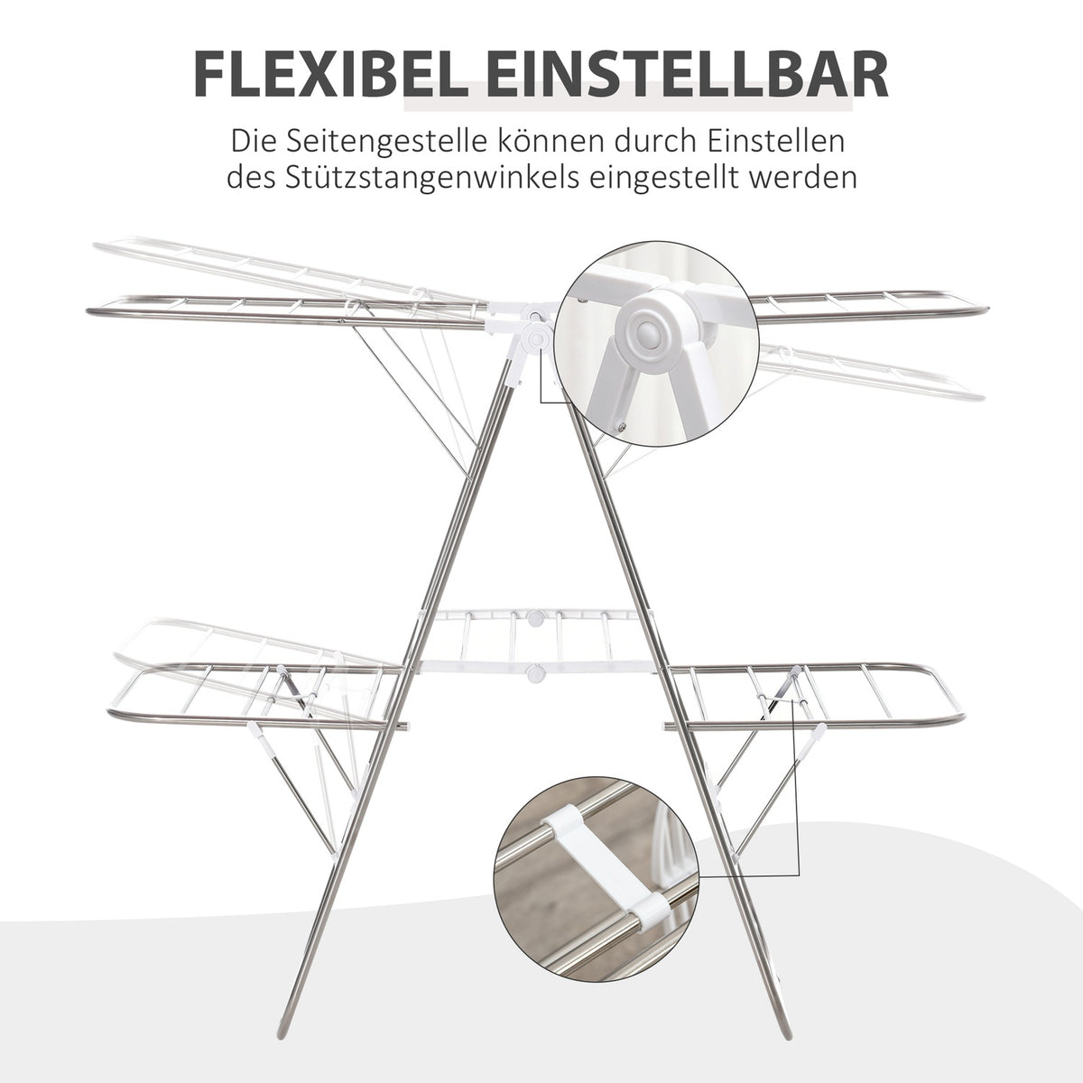 Foldable clothes airer 3 levels wing dryer stainless steel plastic silver/white 138x60.5x112cm