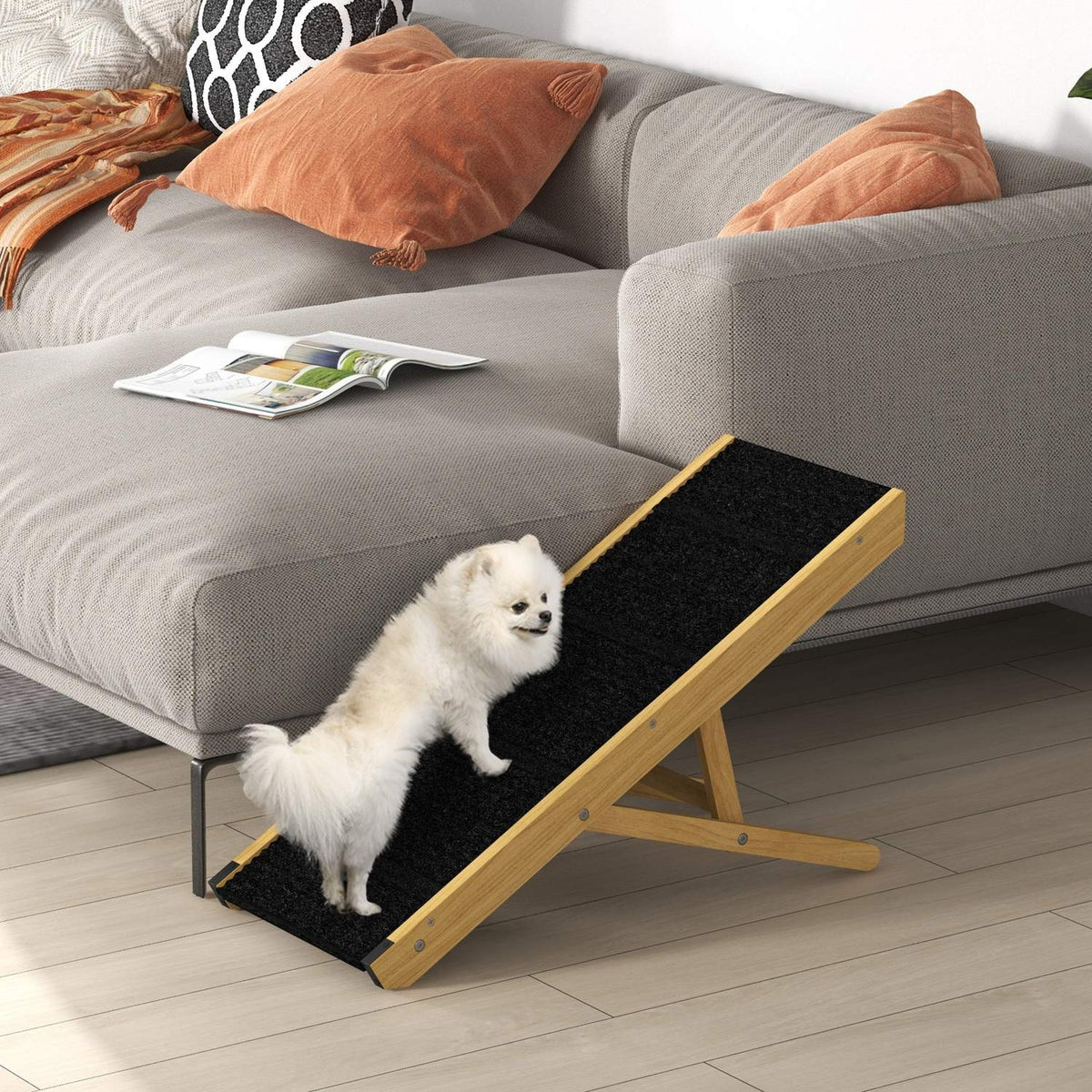 Foldable dog ramp, height-adjustable pet ramp, non-slip dog entry aid for small and medium-sized dogs up to 15 kg, 83.5 x 35 x 47.5 cm, natural