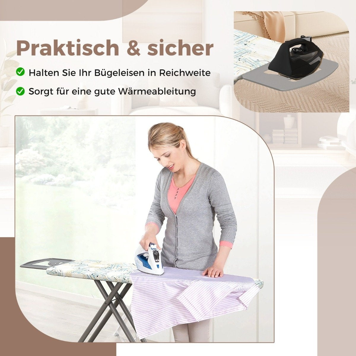 Foldable ironing board with iron rest & 7 Adjustable height ironing table with a load capacity of up to 30 kg, striped L
