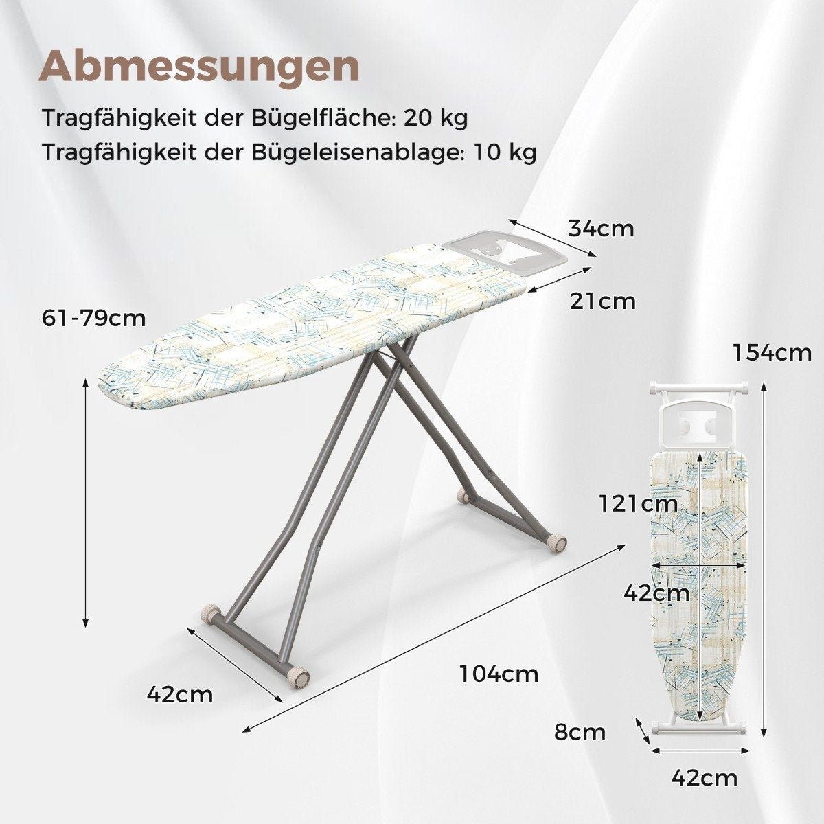 Foldable ironing board with iron rest & 7 Adjustable height ironing table with a load capacity of up to 30 kg, striped L