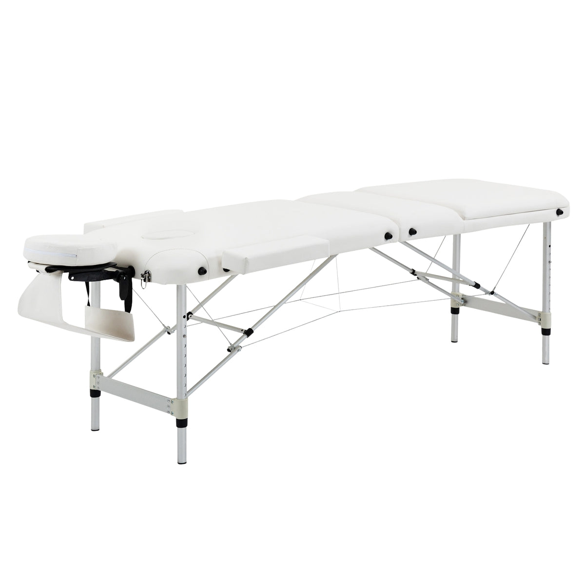 Foldable massage table, height-adjustable with pillow for salon & spa, plastic & aluminum, white, 215 x 60 x 61-84 cm