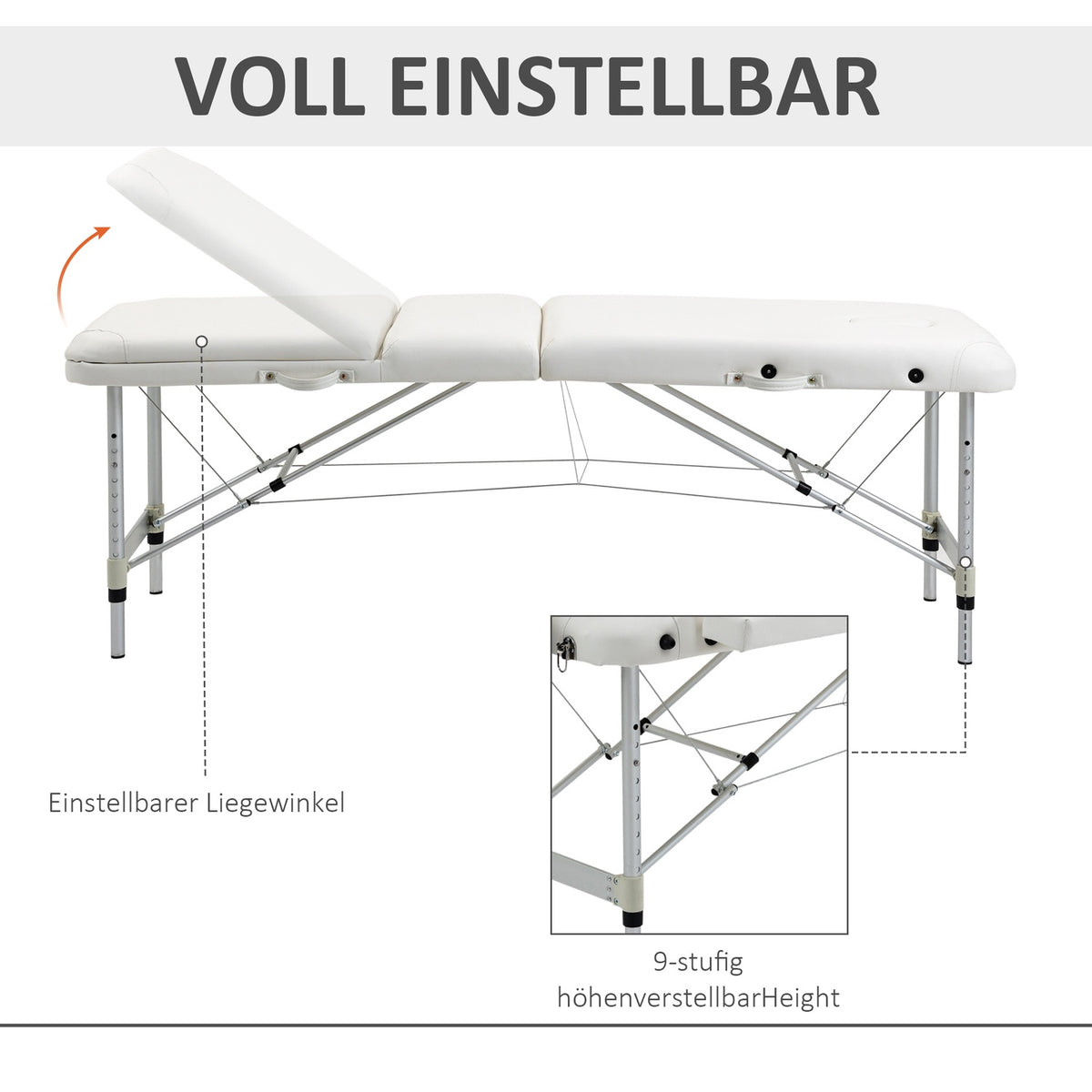 Foldable massage table, height-adjustable with pillow for salon & spa, plastic & aluminum, white, 215 x 60 x 61-84 cm