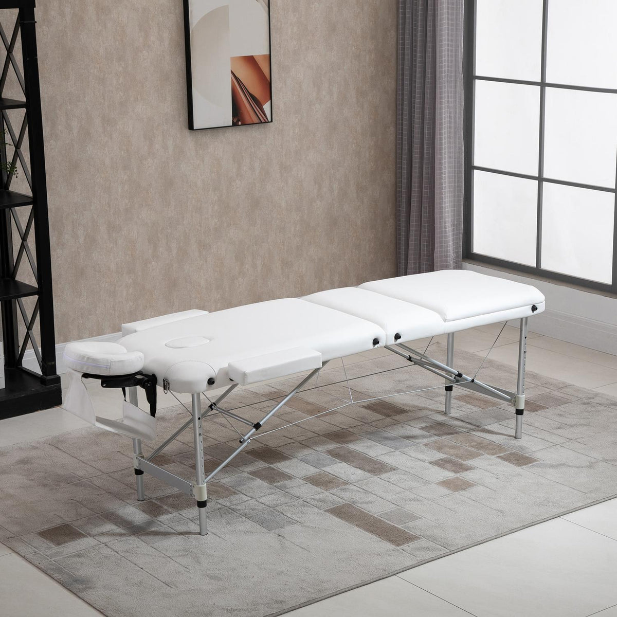 Foldable massage table, height-adjustable with pillow for salon & spa, plastic & aluminum, white, 215 x 60 x 61-84 cm
