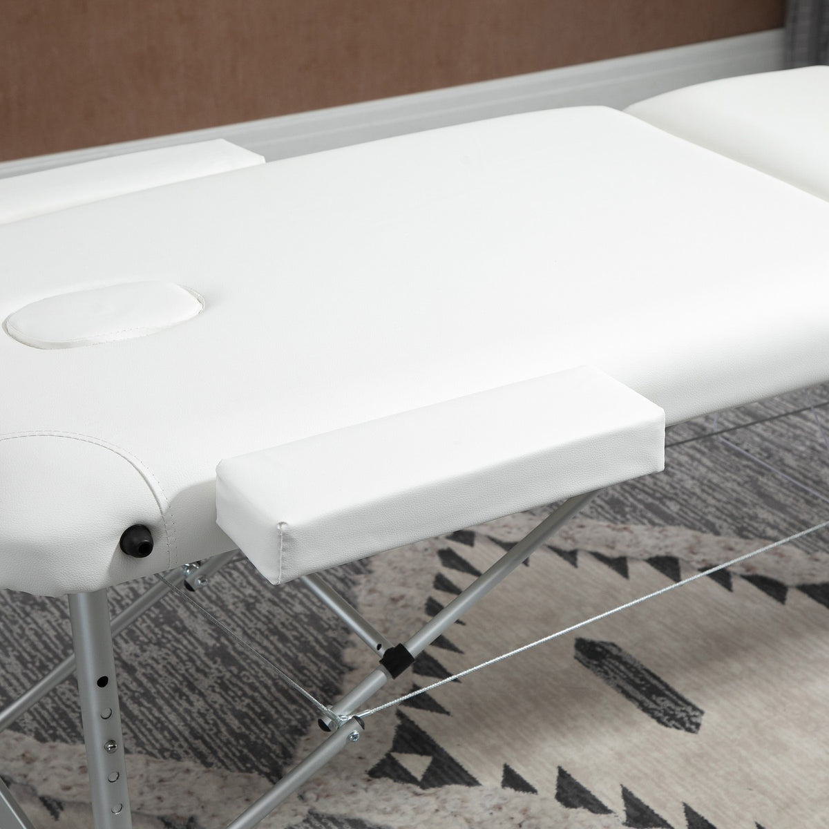 Foldable massage table, height-adjustable with pillow for salon & spa, plastic & aluminum, white, 215 x 60 x 61-84 cm