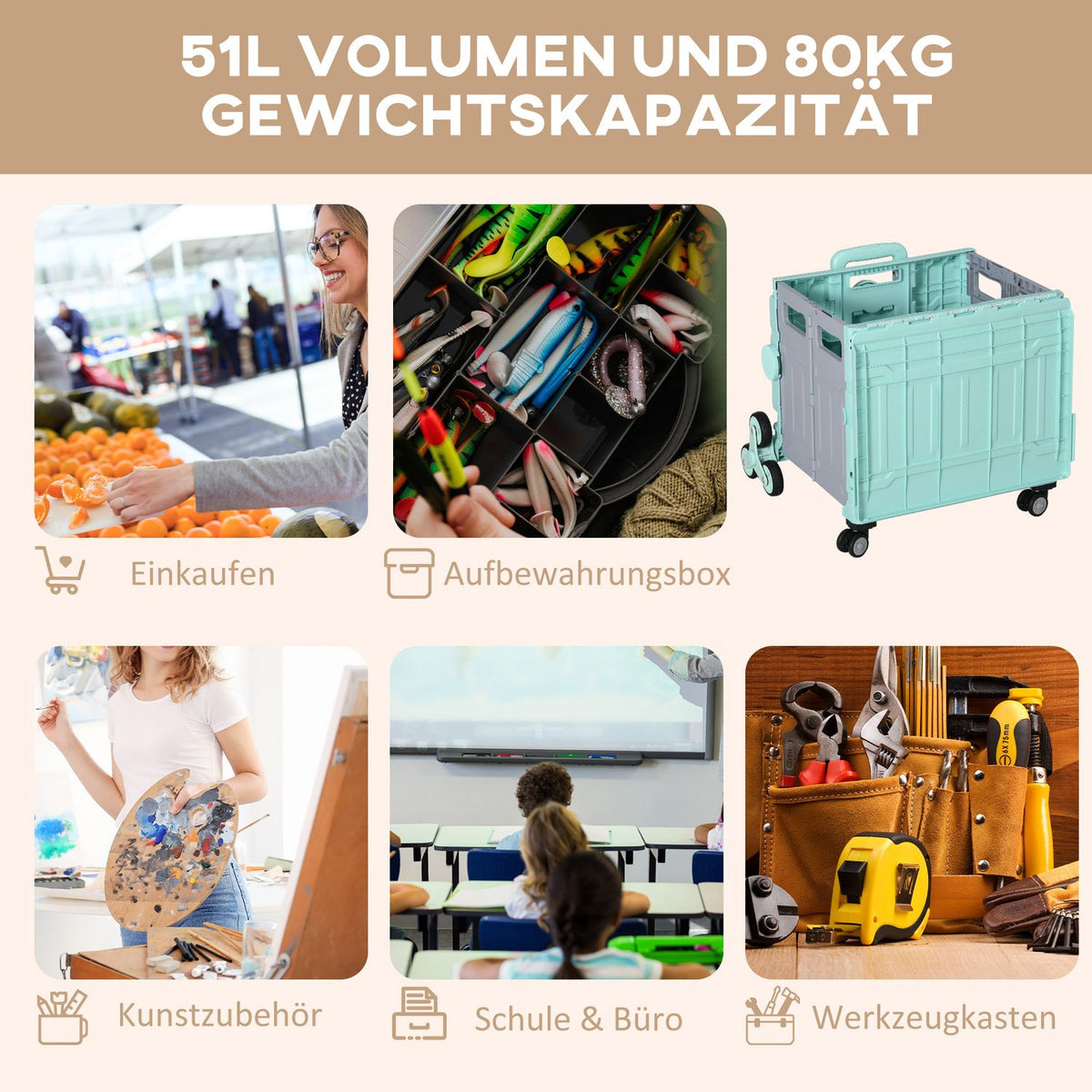 Foldable shopping trolley, portable up to 80 kg, shopping trolley with adjustable telescopic handle, lid, transport trolley, green