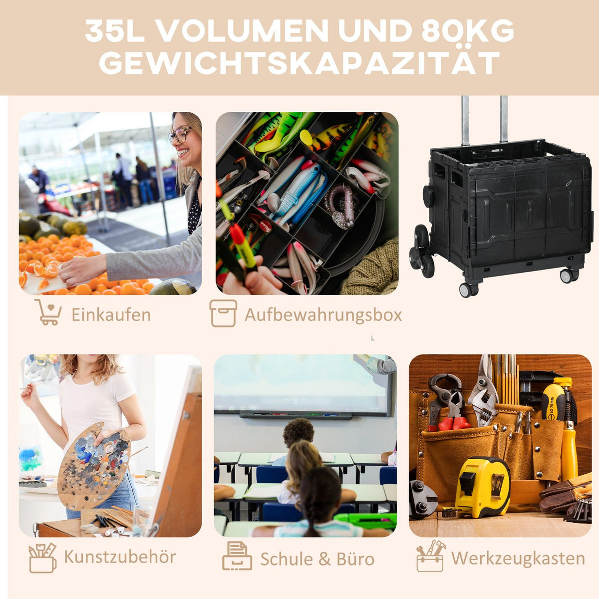 Foldable shopping trolley, portable up to 80 kg, shopping trolley with adjustable telescopic handle, stair climber with lid, transport trolley