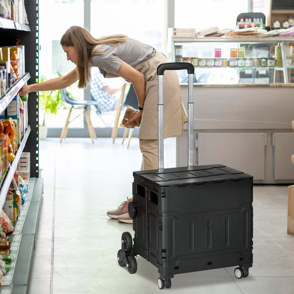 Foldable shopping trolley, portable up to 80 kg, shopping trolley with adjustable telescopic handle, stair climber with lid, transport trolley