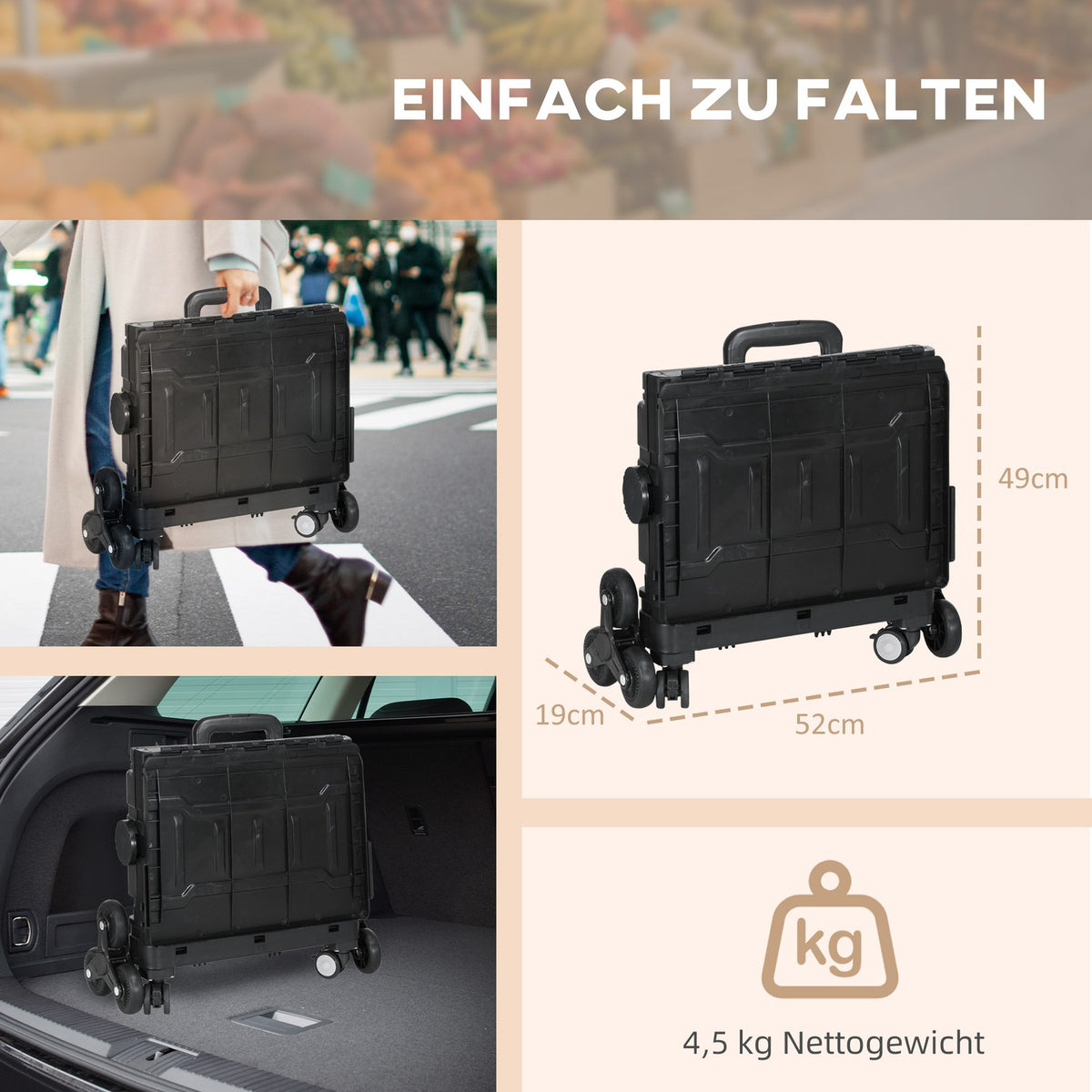 Foldable shopping trolley, portable up to 80 kg, shopping trolley with adjustable telescopic handle, stair climber with lid, transport trolley