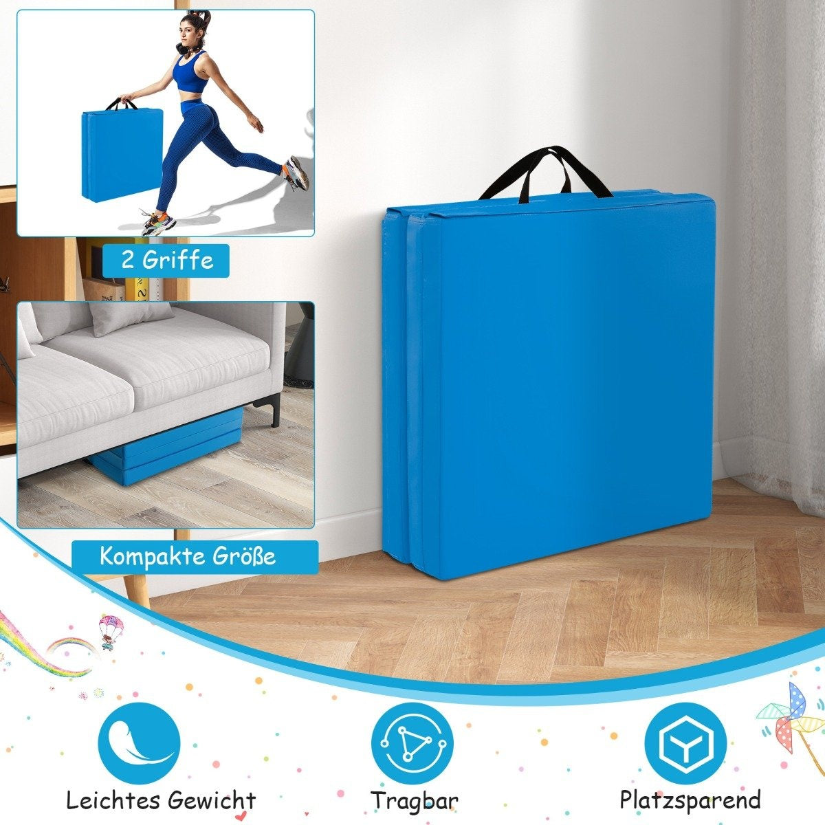 Foldable soft floor mat with 2 handles Non-slip gymnastics mat 180 x 60 x 5 cm Blue