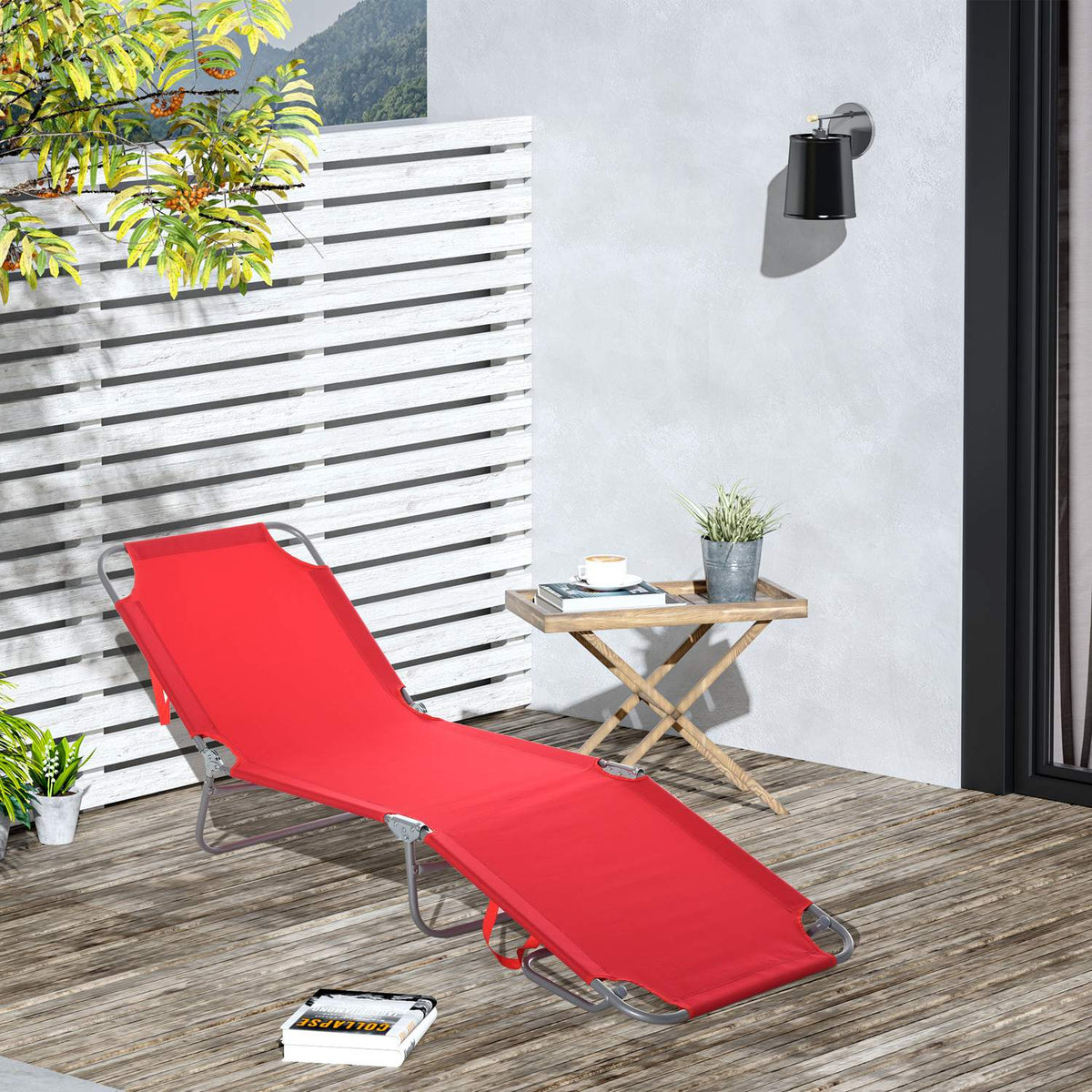 Foldable sun lounger with multi-adjustable backrest made of metal and polyester in red