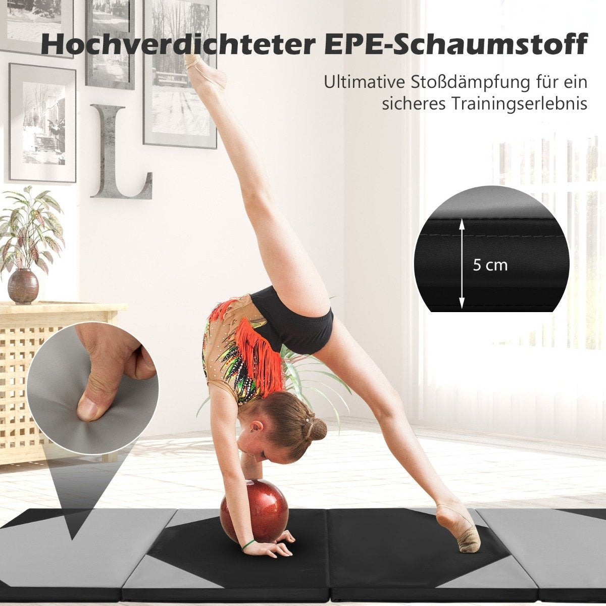 Foldable training mat made of faux leather with Velcro fasteners & Carrying handles 300 x 117 x 5 cm-gray