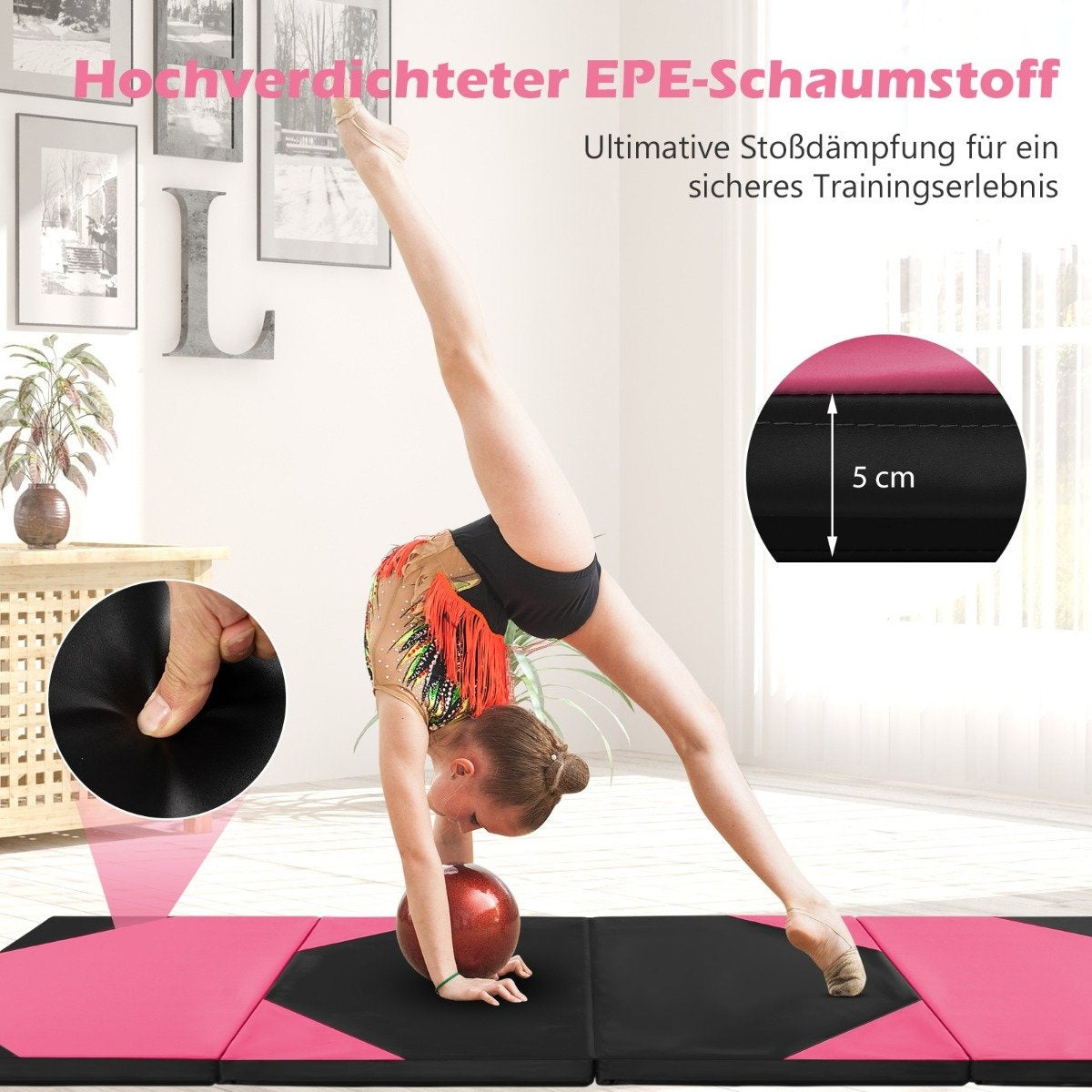 Foldable training mat made of faux leather with Velcro fasteners & Carrying handles 300 x 117 x 5 cm pink