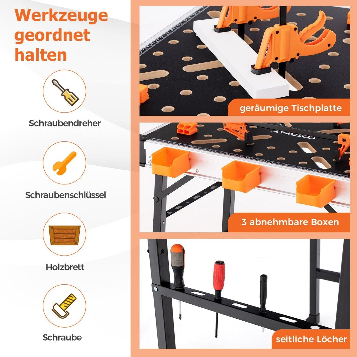Foldable work table workbench with 2 quick clamps, 3 tool boxes and metal frame