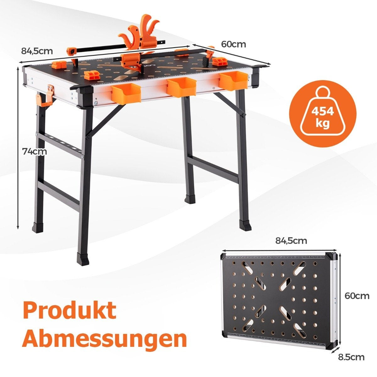 Foldable work table workbench with 2 quick clamps, 3 tool boxes and metal frame