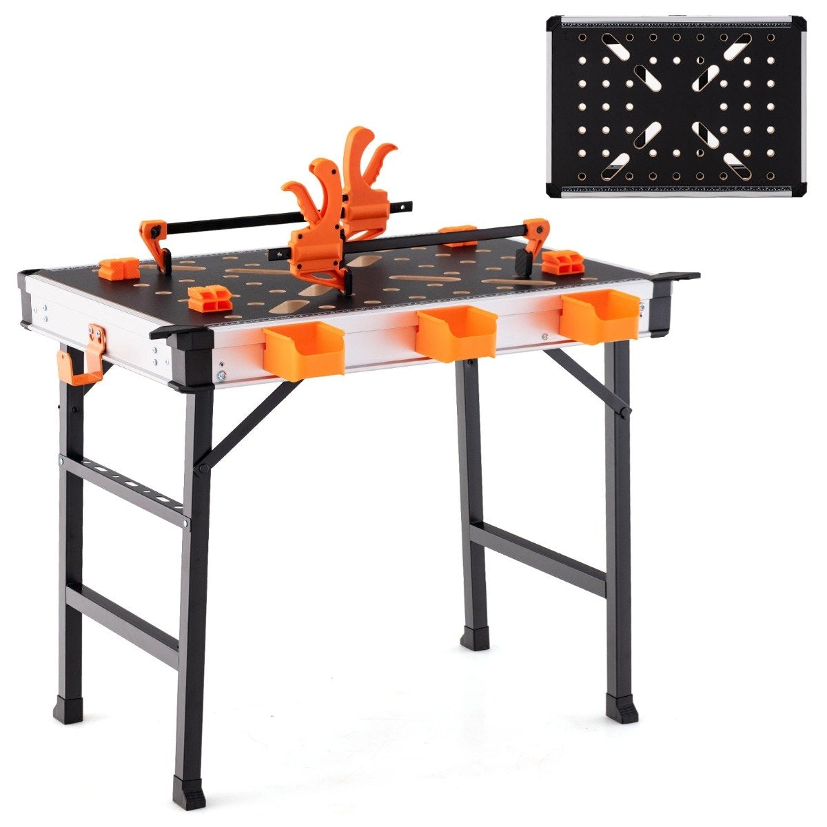 Foldable work table workbench with 2 quick clamps, 3 tool boxes and metal frame