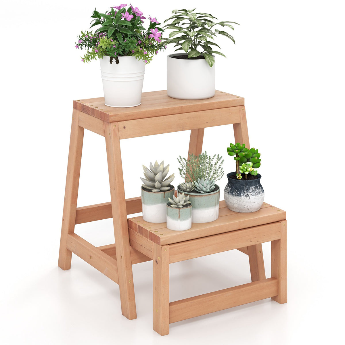 Folding 2-Step Stool, Fir Wood Plant Stand, 330 lb