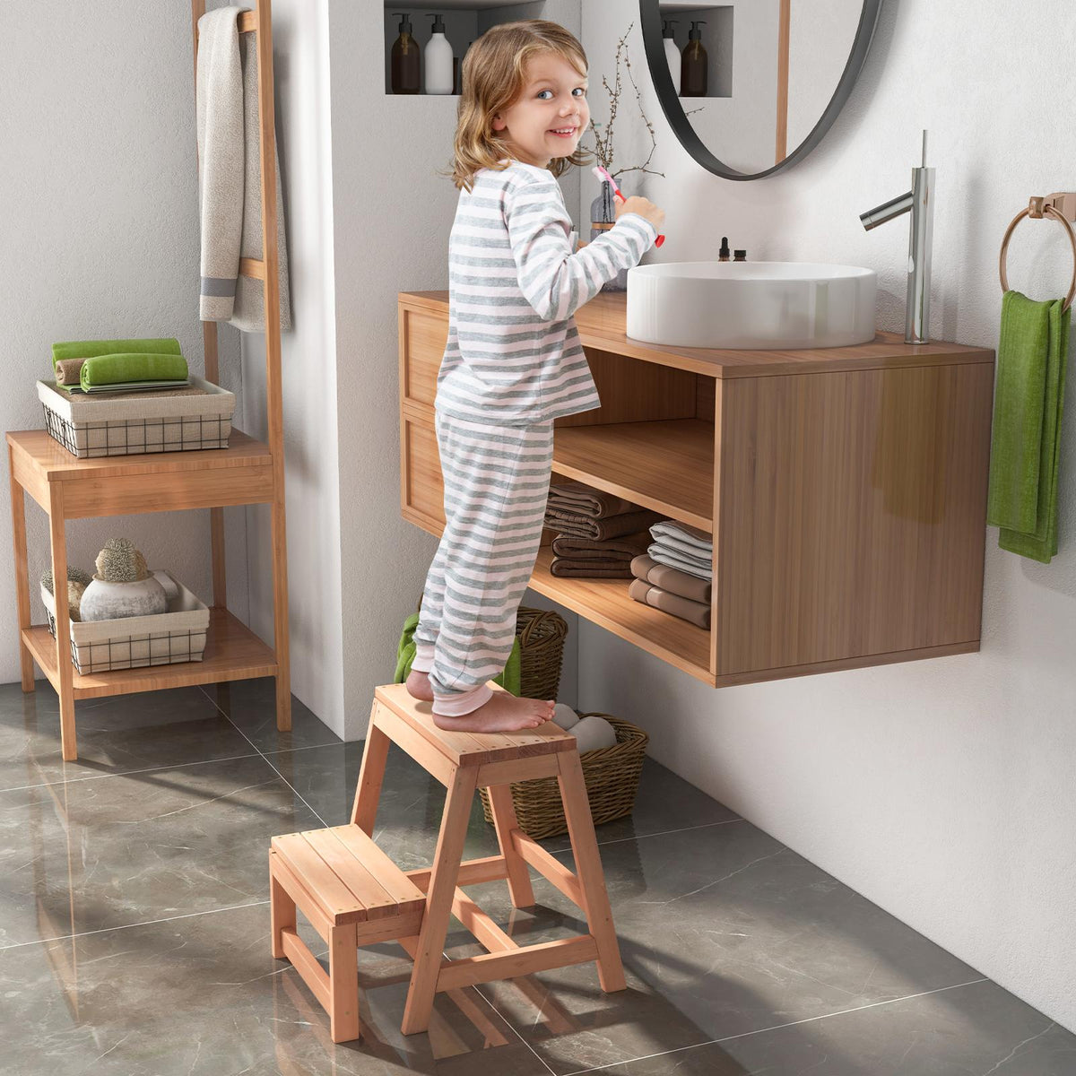 Folding 2-Step Stool, Fir Wood Plant Stand, 330 lb