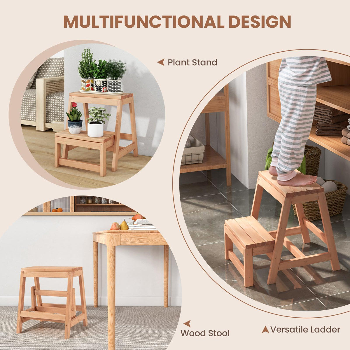 Folding 2-Step Stool, Fir Wood Plant Stand, 330 lb