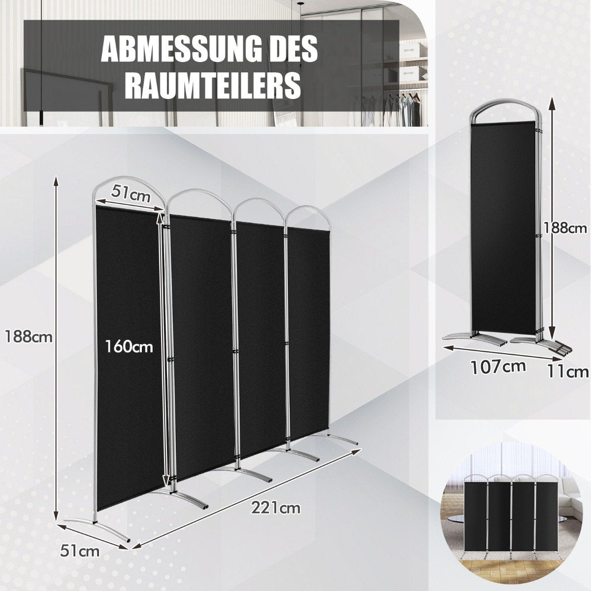 Folding 4 Panel Room Divider for Home 221 x 51 x 188 cm-Black