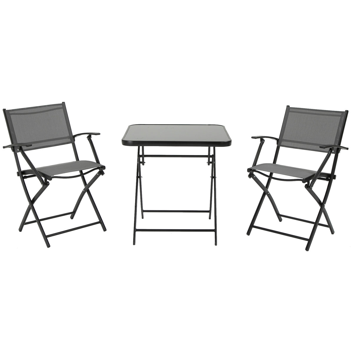 Folding Balcony Set For 2 People Seating Group Table 2 Chairs Metal Mesh Black Gray