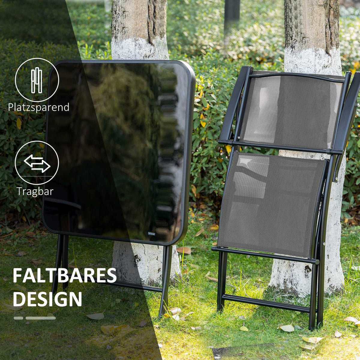 Folding Balcony Set For 2 People Seating Group Table 2 Chairs Metal Mesh Black Gray