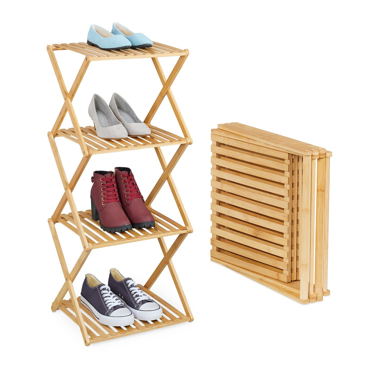 Folding Bamboo Shoe Rack – 4-Tier, Space-Saving Design